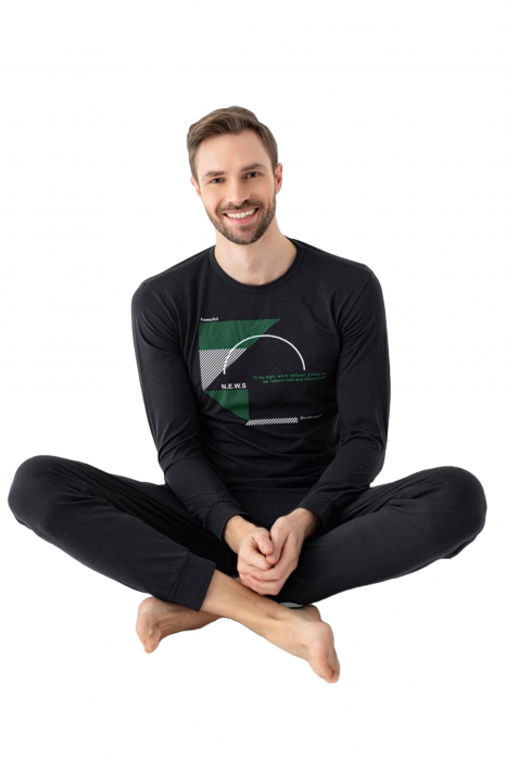 Pijama bumbac premium barbat, cu maneci si pantaloni lungi, negru, embody.ro [3]