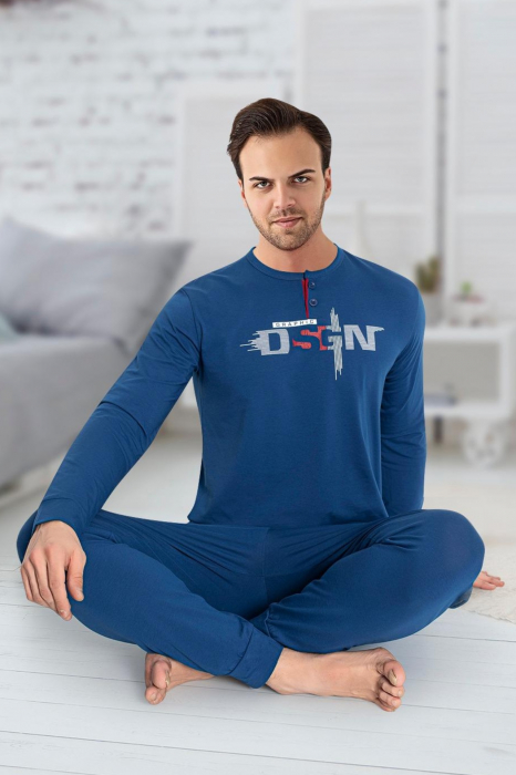 Pijama bumbac premium barbat, cu maneci si pantaloni lungi, imprimeu dsgn, albastru [2]