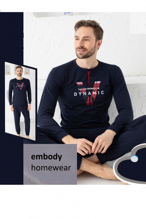 Pijama bumbac premium barbat, cu maneci si pantaloni lungi, imprimeu dynamic, negru, embody.ro [2]