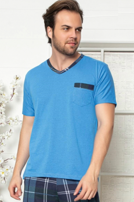 Pijama bumbac premium barbat cu maneci si pantaloni scurti, albastru, embody.ro [3]