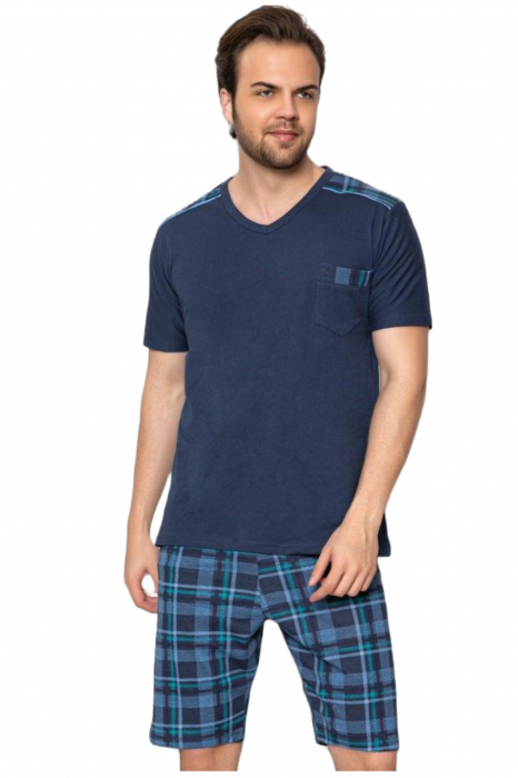 Pijama bumbac premium barbat, maneci si pantaloni scurti, albastru [4]