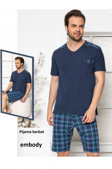 Pijama bumbac premium barbat, maneci si pantaloni scurti, albastru [2]