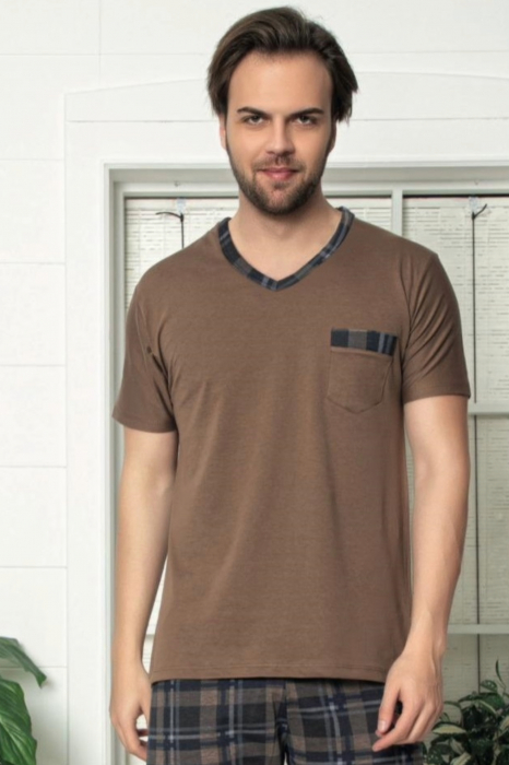 Pijama bumbac premium barbat, maneci si pantaloni scurti, maro, embody.ro [3]