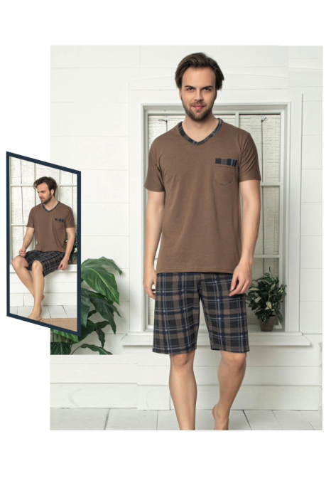 Pijama bumbac premium barbat, maneci si pantaloni scurti, maro, embody.ro [2]