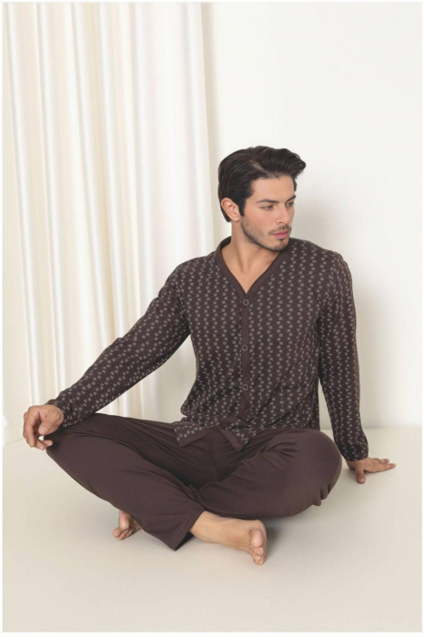 Pijama bumbac barbat, cu maneci si pantaloni lungi, maro 3013, embody [2]