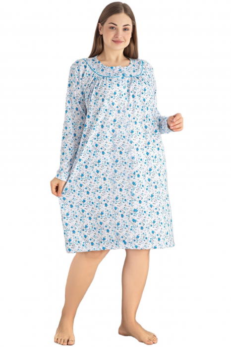 Pijama bumbac tip camasa de noapte dama, batal marime mare, albastru [3]