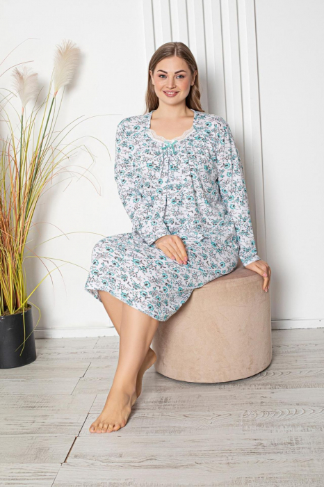 Pijama bumbac tip camasa de noapte dama, batal marime mare, albastru, embody.ro [2]