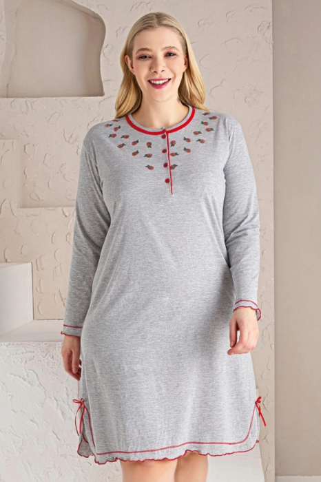 Pijama bumbac tip camasa de noapte dama, batal marime mare, gri, embody.ro [3]