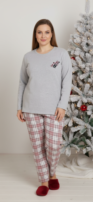 Pijama bumbac vatuit Dama, Bluza si Pantaloni lungi, batal, gri 16393 cadou Craciun [1]