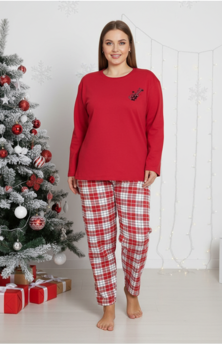 Pijama bumbac vatuit Dama, Bluza si Pantaloni lungi, batal, rosu 16393 cadou Craciun [1]