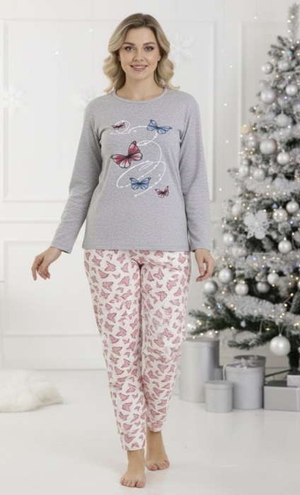 Pijama bumbac vatuit Dama, Bluza si Pantaloni lungi, gri 16376 cadou Craciun [1]