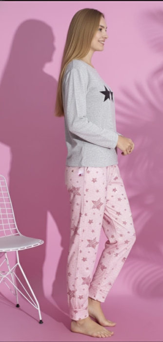 Pijama bumbac vatuit de Dama, Set cu Bluza si Pantaloni lungi gri 15425 [2]
