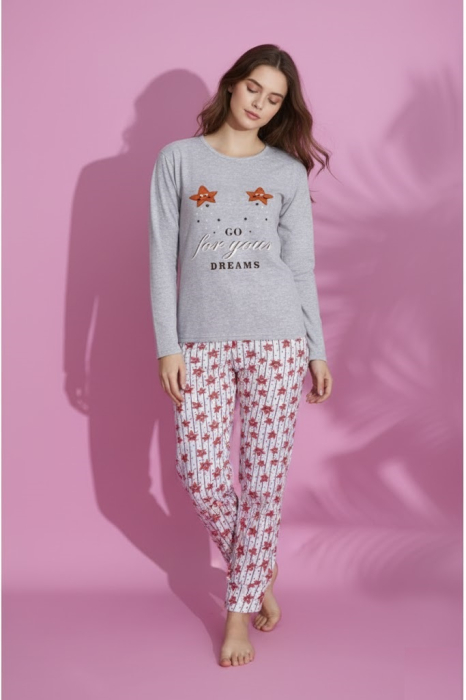 Pijama bumbac vatuit de Dama, Set cu Bluza si Pantaloni lungi gri 15409 [1]