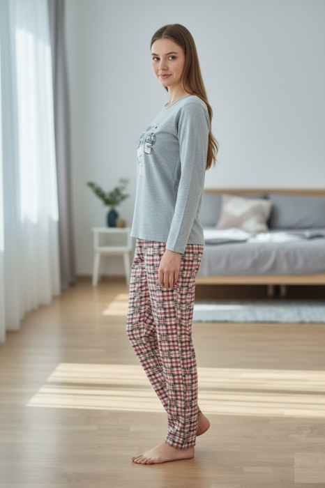 Pijama bumbac vatuit de Dama, Set cu Bluza si Pantaloni lungi albastru 15476 [3]
