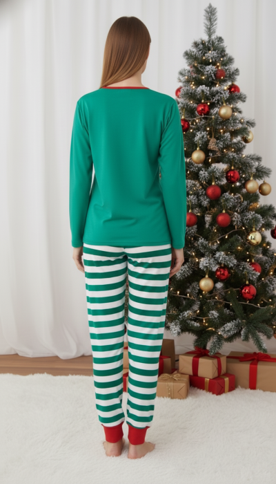 Pijama bumbac Dama de Craciun, Set cu Bluza si Pantaloni lungi, verde 01015 [3]
