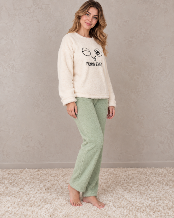 Pijama Cocolino Dama Pufoasa Funny Eyes, Bluza Crem si Pantaloni Verde Menta [4]