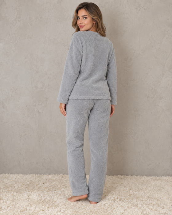 Pijama Cocolino Dama Gri Pufoasa MEOW, Bluza cu Maneca Lunga si Pantaloni Lungi [3]