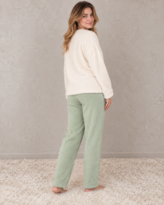Pijama Cocolino Dama Pufoasa Funny Eyes, Bluza Crem si Pantaloni Verde Menta [3]