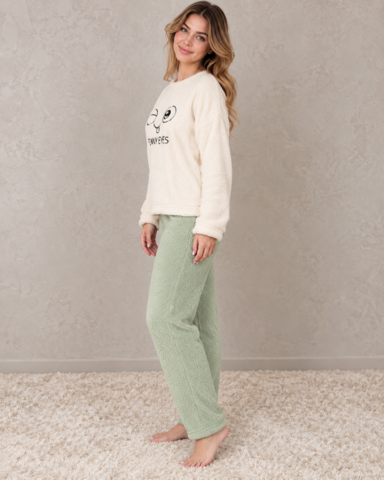 Pijama Cocolino Dama Pufoasa Funny Eyes, Bluza Crem si Pantaloni Verde Menta [2]