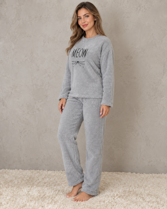 Pijama Cocolino Dama Gri Pufoasa MEOW, Bluza cu Maneca Lunga si Pantaloni Lungi [2]