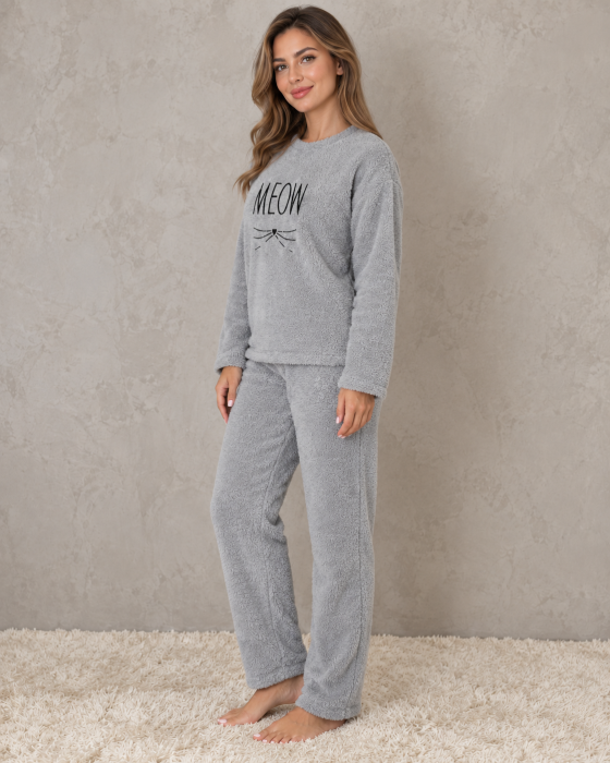 Pijama Cocolino Dama Gri Pufoasa MEOW, Bluza cu Maneca Lunga si Pantaloni Lungi [4]