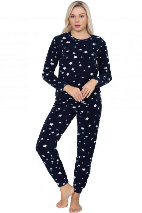 Pijama cocolino dama, imprimeu Craciun stelute, bleumarin embody.ro [3]