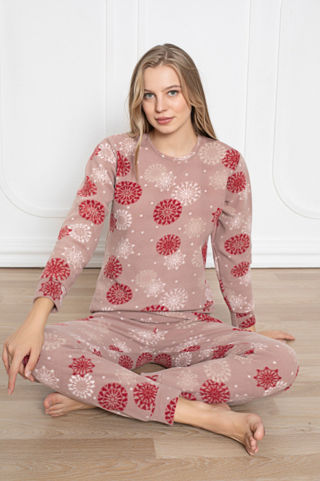 Pijama cocolino dama, imprimeu Craciun fulgi de nea, corai, embody.ro [2]