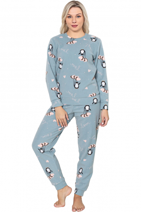 Pijama cocolino dama, imprimeu Craciun pinguini, albastru, embody.ro [3]