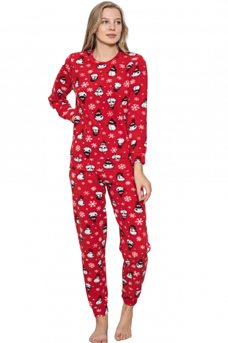 Pijama cocolino dama, imprimeu Craciun cu pinguini si fulgi de nea, rosu, embody.ro [3]
