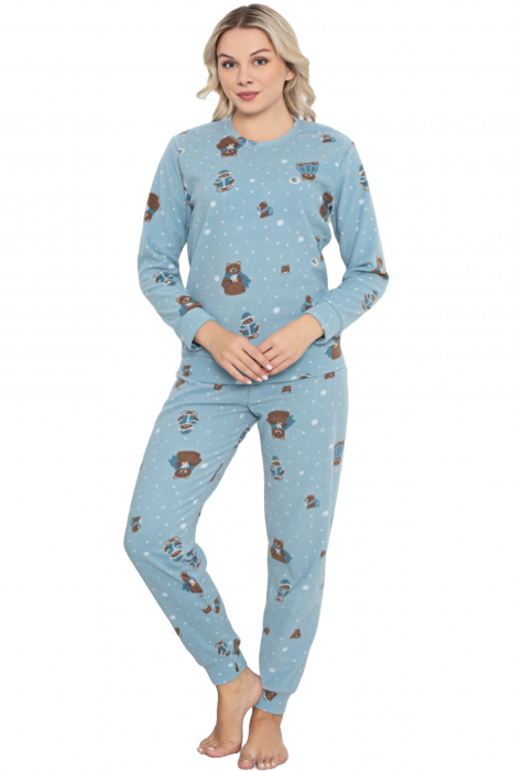 Pijama cocolino dama, imprimeu Craciun ursulet, albastru, embody.ro [3]