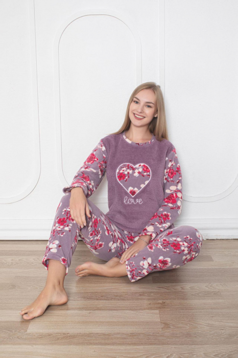 Pijama cocolino dama, imprimeu inimioara love, mov 312 [3]