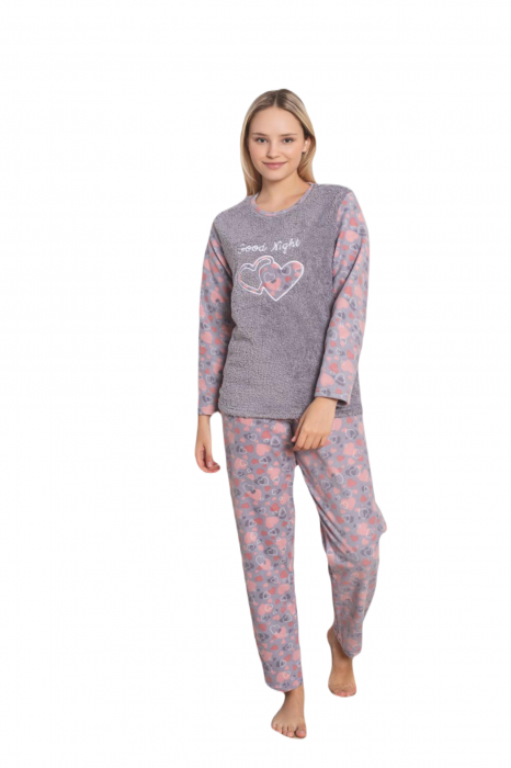 Pijama cocolino dama, imprimeu inimioare good night, gri 319 [2]