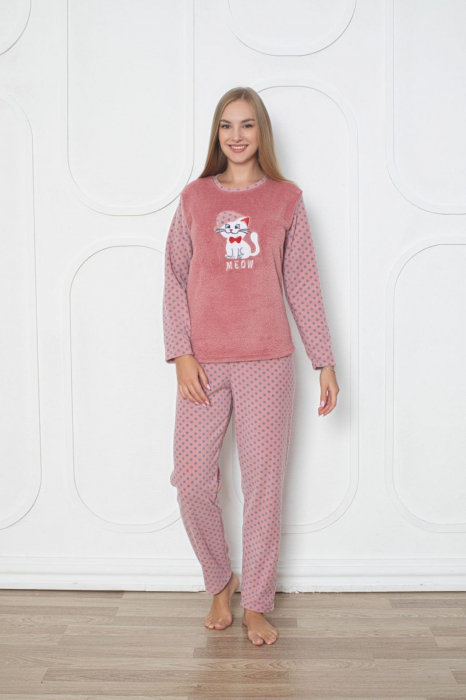 Pijama cocolino dama, imprimeu pisicuta meow, corai 302 [2]