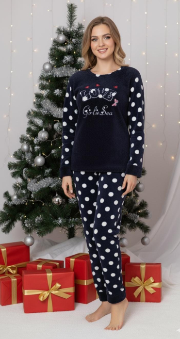 Pijama cocolino dama polar, pufoasa si calduroasa, bleumarin 7211 cadou Craciun [1]