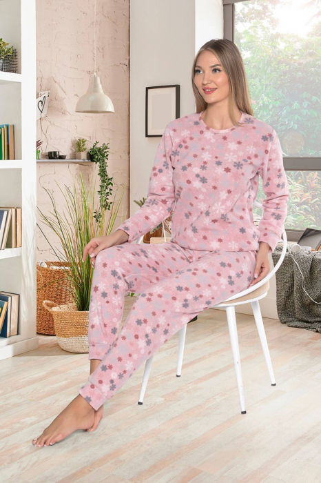 Pijama cocolino dama, soft polar, imprimeu Craciun fulgi de nea, roz 512 [2]