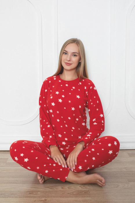 Pijama cocolino dama, soft polar, imprimeu stelute Craciun, rosu 507 [2]