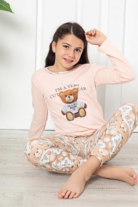Pijama fete, din material bumbac, maneci si pantaloni lungi, imprimeu ursulet, corai, embody.ro [2]