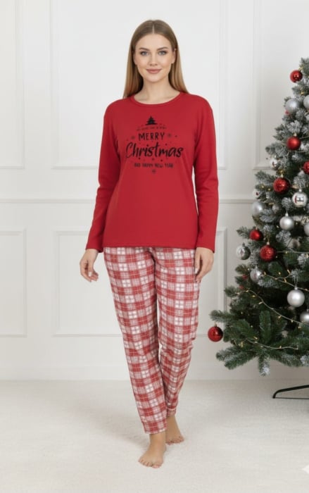 Pijama Craciun bumbac vatuit Dama, Bluza si Pantaloni lung, rosu 16398 [1]