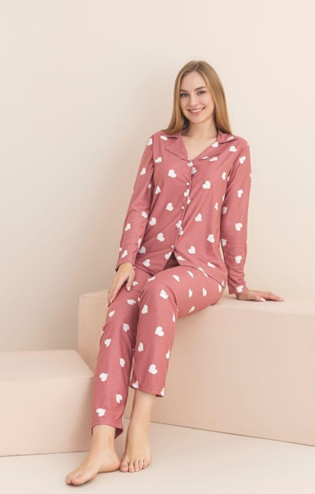 Pijama cu nasturi dama roz prafuit cu inimioare 5011 [2]