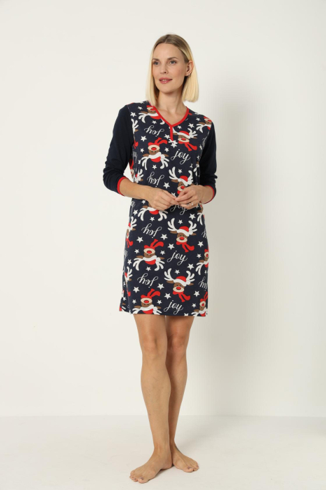 Camasa de noapte dama Craciun, imprimeu reni, bleumarin [6]