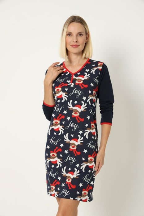 Camasa de noapte dama Craciun, imprimeu reni, bleumarin [3]