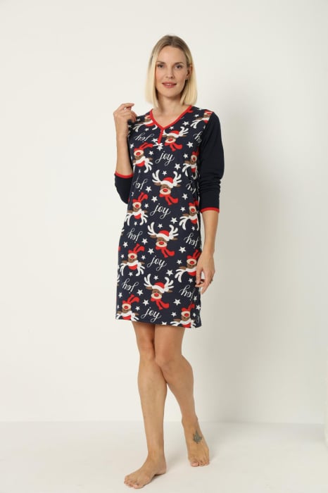 Camasa de noapte dama Craciun, imprimeu reni, bleumarin [5]