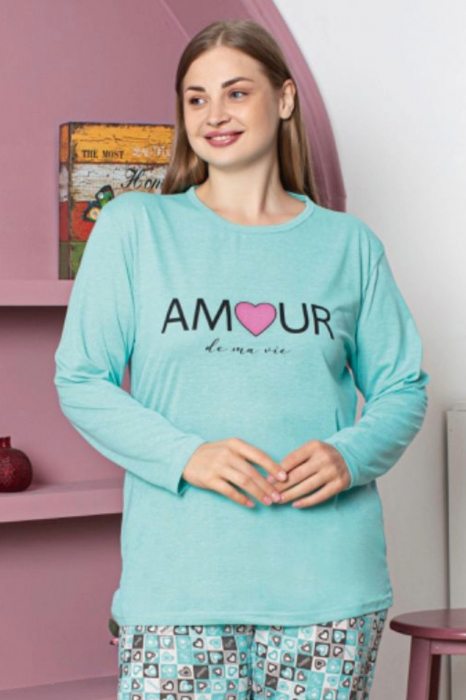 Pijama dama batal marime mare, bumbac, imprimeu amour, albastru, embody.ro [3]