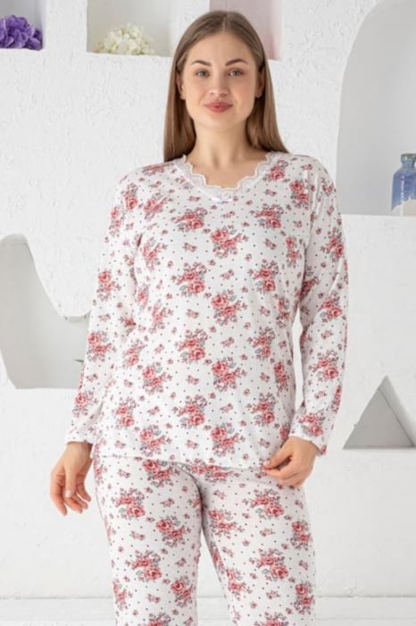 Pijama dama batal marime mare, bumbac, imprimeu floral, alb [3]