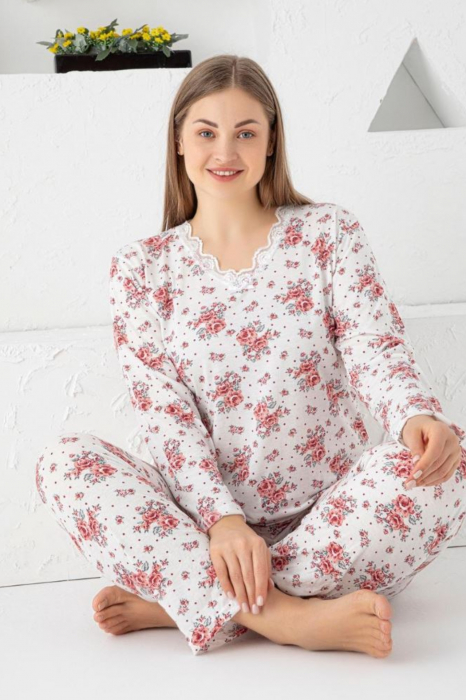 Pijama dama batal marime mare, bumbac, imprimeu floral, alb [2]