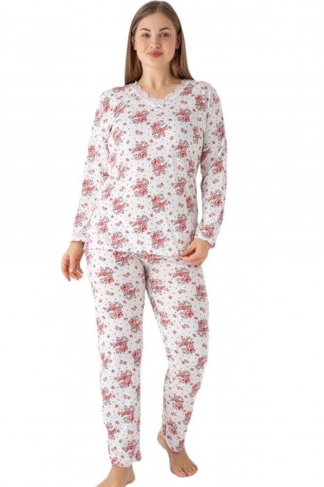 Pijama dama batal marime mare, bumbac, imprimeu floral, alb [4]