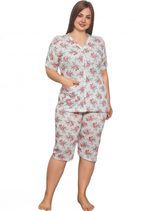 Pijama dama bumbac, batal marime mare, maneci si pantaloni scurti, alb [3]