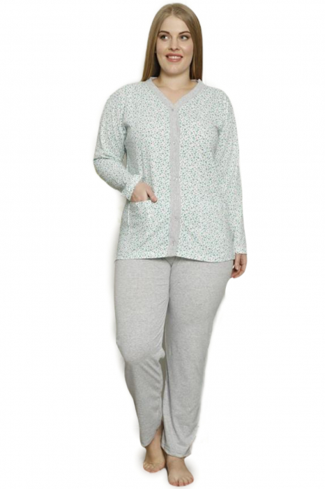 Pijama dama bumbac, batal-marime mare, buzunare laterale, inchidere nasturi, alb/verde [4]