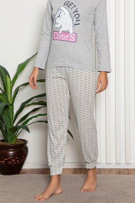Pijama dama bumbac, confortabila, cu imprimeu Get you, gri [2]