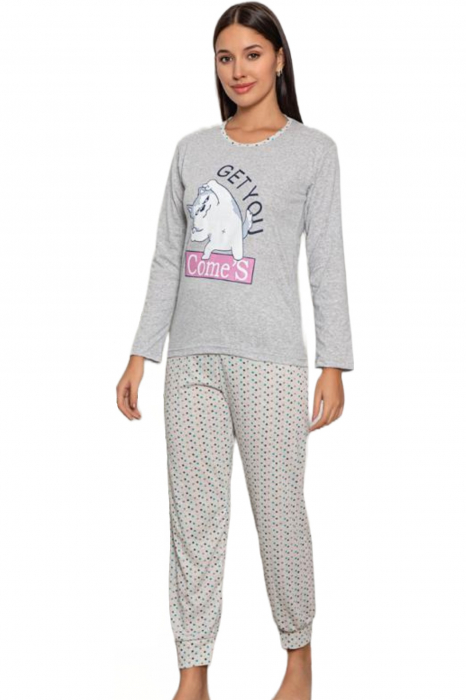 Pijama dama bumbac, confortabila, cu imprimeu Get you, gri [4]